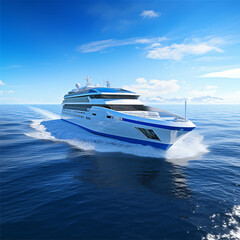 Fototapeta premium Luxury private motor yacht sailing at sea. Marine trip. Ocean travel. Summer rest. Sunny day. Photo generated by Ai technology