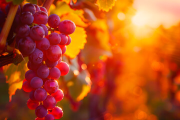 Fototapeta premium Red grapes on the vineyard. Vineyards at sunset in autumn harvest.