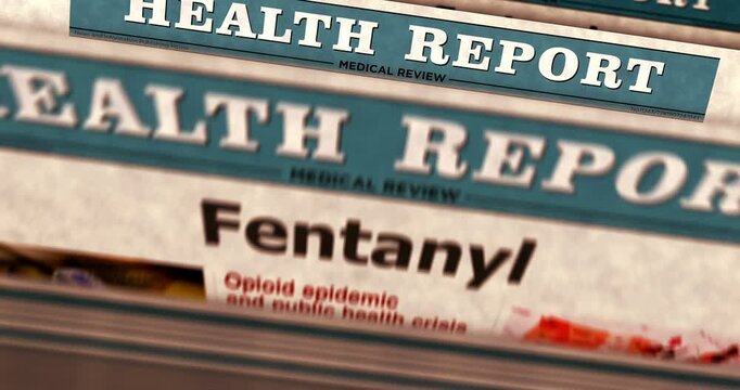 Fentanyl painkiller opioid crisis daily news newspaper printing. Abstract concept retro headlines 3d seamless looped.