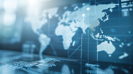 Digital world map with blurry glowing blue connections, showing global connectivity and data exchange in a high-tech environment.