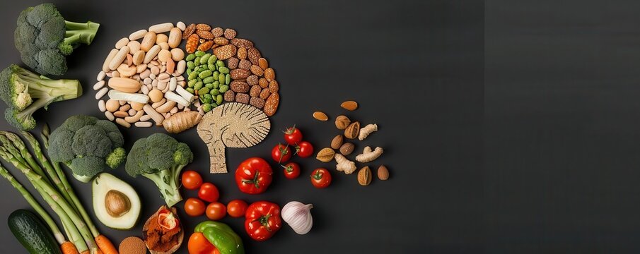 Artistic brain with pathways of diverse foods, food, holistic brain nutrition