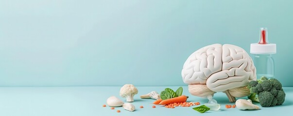 Brain illustration with probiotics and prebiotics, food, gut-brain nutrition connection