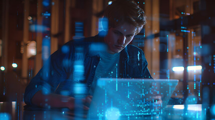 Man, student and laptop hologram of internet, information technology and software development research on campus. Generative Ai.