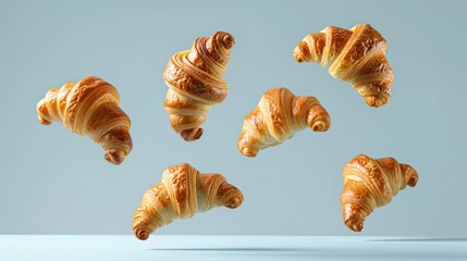 Fresh and delicious croissants falling in the air, isolated against a plain background. Perfect representation of breakfast time and popular croissant bread.
