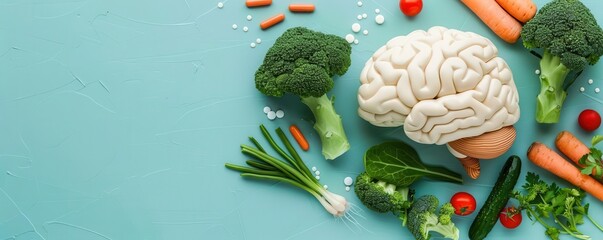 Brain illustration with probiotics and prebiotics, food, gut-brain nutrition connection