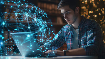 Man, student and laptop hologram of internet, information technology and software development research on campus. Generative Ai.