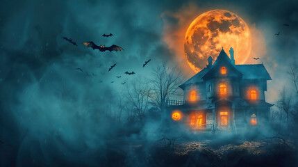 Haunted house with glowing windows under full moon and flying bats