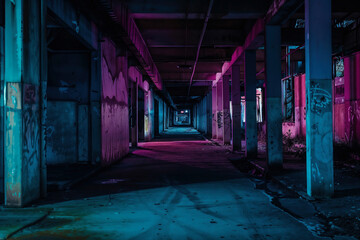 Abandoned industrial building with neon lights in a dark corridor
