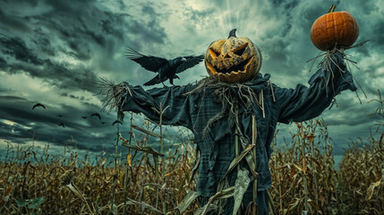 Pumpkin-headed scarecrow with crow in a cornfield under stormy sky