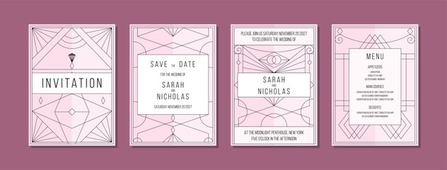 Pink wedding invitation collection. Art deco geometric style wedding invite set. 1920, 1930, 1940 urban art design.