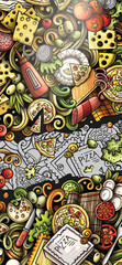 Pizza hand drawn doodle banner. Cartoon vector detailed flyer. Illustration with pizzeria objects and symbols. Colorful vertical background