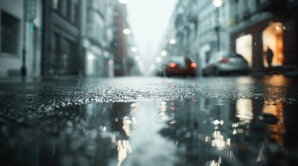 Obraz premium Rainy city street with buildings and cars, reflections on the wet road surface captured in a blur for a peaceful urban ambiance.