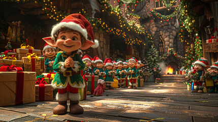 A group of elves are standing in a room with Christmas decorations