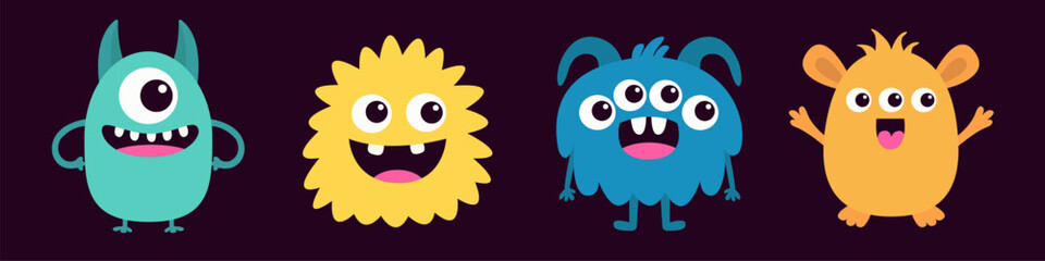 Colorful silhouette monster set line. Happy Halloween. Cute monsters. Cartoon kawaii funny character. Different face. Teeth, eyes, horns hands. Flat design. Childish style. Black background. Vector