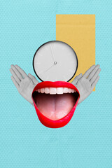 Vertical photo collage of excited open mouth emotion hands clock dial time management punctuality...