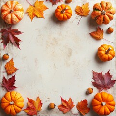 Fototapeta premium Autumn background with pumpkins and colorful leaves arranged in a border on a light surface.