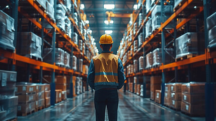 Fototapeta premium A man in a yellow vest stands in a warehouse with boxes stacked on shelves