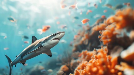 Underwater scene with a shark swimming near vibrant coral reefs and colorful fish in a clear ocean environment, showcasing marine biodiversity.