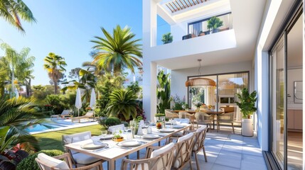 Fototapeta premium Luxurious outdoor dining setup at a modern villa with palm trees and a pool, perfect for a tropical retreat or holiday getaway.