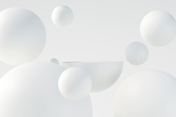 Minimal product podium stage with white balloons. 3D illustration rendering