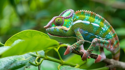 Fototapeta premium Camouflaged chameleons blending into the dense forest foliage, rare species in dense forests, hidden wildlife