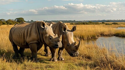 Obraz premium Close-up shots of endangered rhinos in their natural habitat, endangered species conservation photography, wildlife preservation