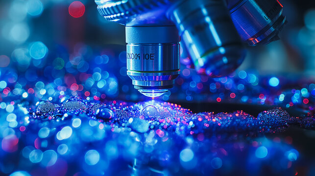 Biotechnology and natural universe explored through a microscope, with a focus on the DNA structure observed at a microscopic or submicroscopic level.