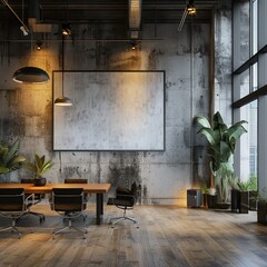 Modern Office Space with Blank Poster on Wall