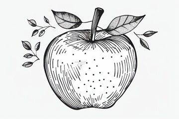 Hand-drawn illustration of a detailed apple with leaves, perfect for food-related designs, posters, and educational materials.