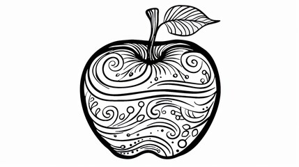 Stylized black and white illustration of a decorative apple with swirling patterns and a leaf, perfect for artistic designs.