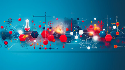 Flat color background with geometric shapes and molecular models, featuring detailed biotechnology components like lab flasks and DNA strands to highlight the scientific theme.