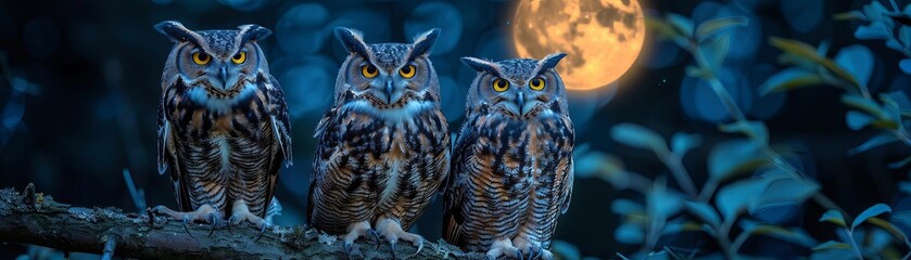 Obraz premium Owls and nocturnal animals active under the moonlight, nocturnal wildlife behavior documentation, night-time fauna