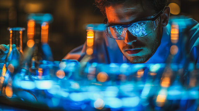 In the lab, a scientist examines a blue substance, driving medical breakthroughs and advancing biotechnology in healthcare, where science and chemistry converge for innovation.