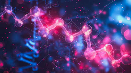 Detailed flat color background with a combination of geometric shapes and molecular structures, emphasizing biotechnology components like DNA strands and lab equipment.