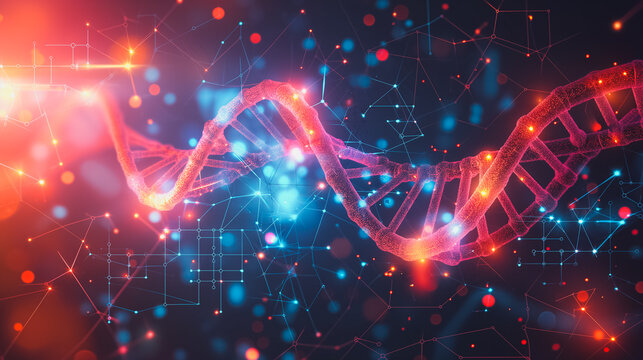 Detailed flat color background with a combination of geometric shapes and molecular structures, emphasizing biotechnology components like DNA strands and lab equipment.