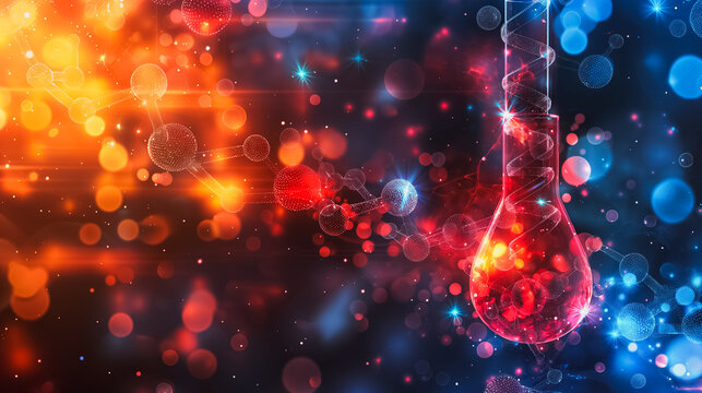 Detailed flat color background with a combination of geometric shapes and molecular structures, emphasizing biotechnology components like DNA strands and lab equipment.