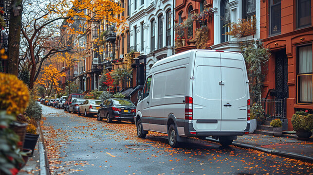 A white van is parked on a street in front of a row of houses