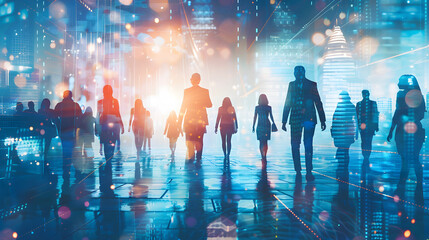 Mixed media of group of multinational people and global communication network concept. Management strategy. Human resources. Wide angle visual for banners or advertisements. Generative Ai.