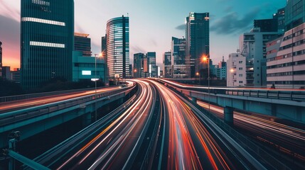 Fototapeta premium Modern urban traffic lights and architecture with motion blur. Generative ai