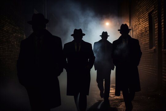 silhouettes of gangsters in fancy hats and suits walking in a dark alley at night. Generative ai
