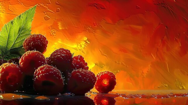   A painting depicting raspberries and a leaf atop a table with water droplets, against a reddish-yellow backdrop