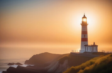 red and white lighthouse on coast, guiding ships with its light at sunset © Artem Zatsepilin