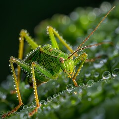 Fototapeta premium small green insect on a leaf covered in water drops