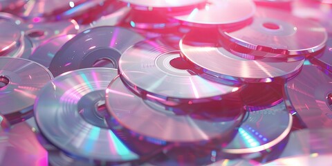 Pile of colorful compact discs with reflective surfaces