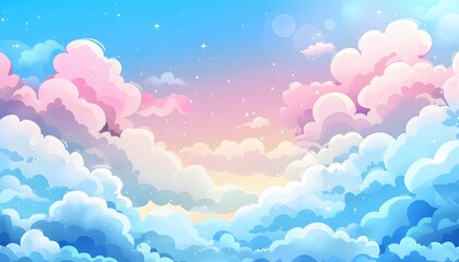 Fototapeta premium Cartoon cloud scene. Pink clouds. Pink sunset, dawn cloud sky. Flat vector illustration.