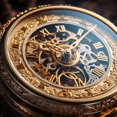 Naklejka premium Luxury arm watch, retro design. Mechanical part of vintage clock. Close up. Time concept. Realistic photo generated by AI technology