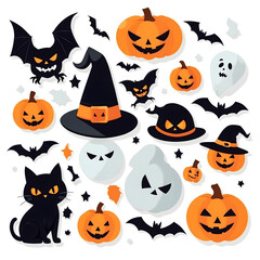 Sticker of Halloween theme minimalist style. Image shows a or pumpkin or bat to use for decoration and sticker. 