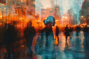 Fototapeta premium Reflection in the glass of the setting sun and silhouettes of people walking by on the background of high-rise buildings of a large city.