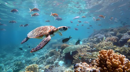 A turtle swims through a coral reef with many fish swimming around it. The scene is vibrant and lively, with a variety of colors and shapes of fish and coral.