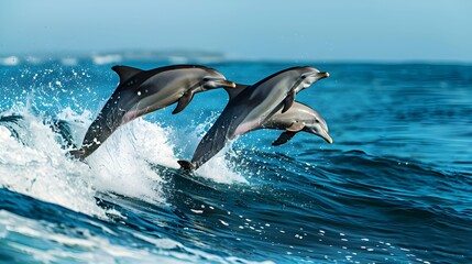 Obraz premium A group of dolphins jumping out of the water. Scene is lively and energetic
